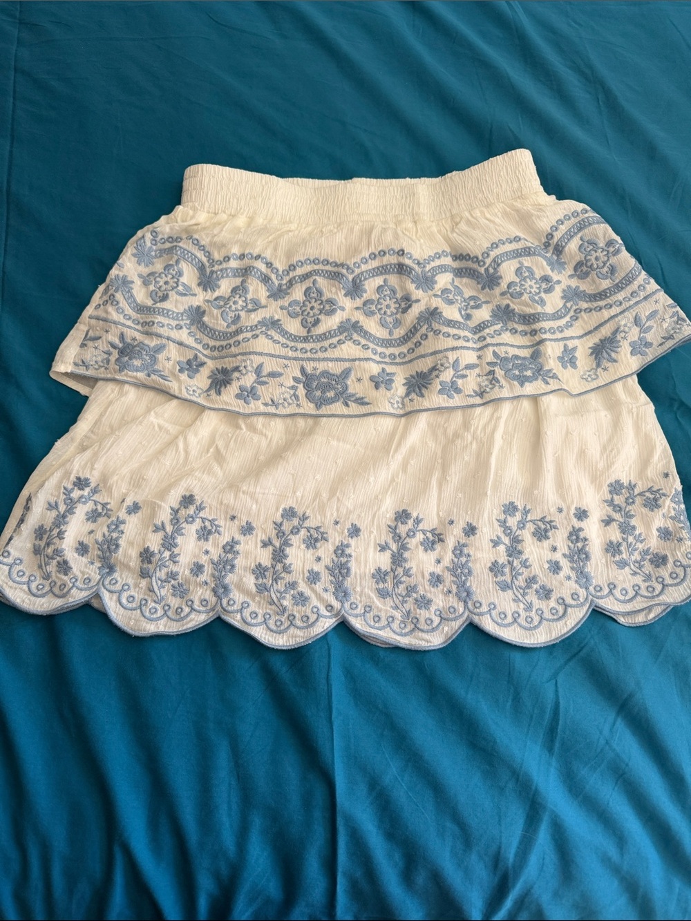 Savanna Jane White Mini Skirt with Light Blue Floral Embroidery